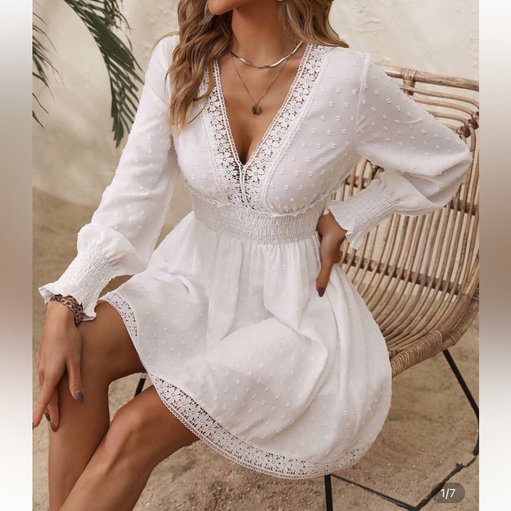 SHEIN White Plunge Neck Bishop Sleeve Sundress